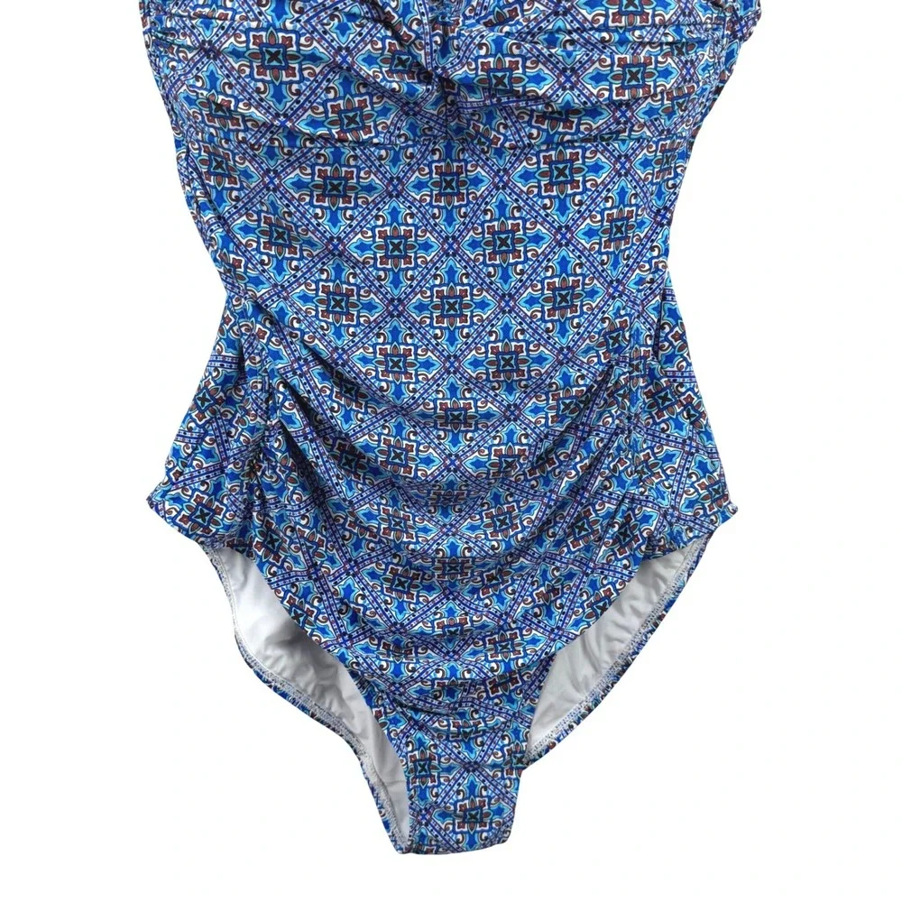 Niptuck Swim One Piece Swimsuit Women 10 Blue Geometric Ruched Tummy Control Cup